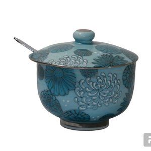 Vintage KUTANI Porcelain Blue Mustard Pot Chrysanthemum Mid Century Japanese Jar